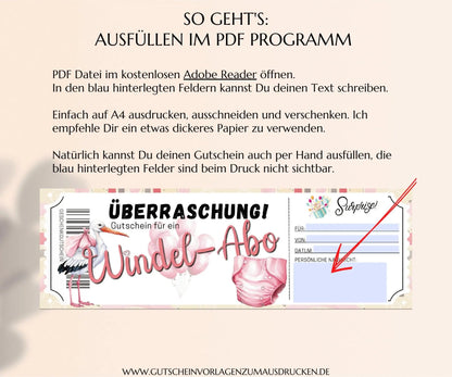 Windel Abo Gutschein Vorlage zum Ausdrucken | Gutscheinvorlage Baby Mädchen Geschenk | Gutscheine für frisch gebackene Eltern | JSK323