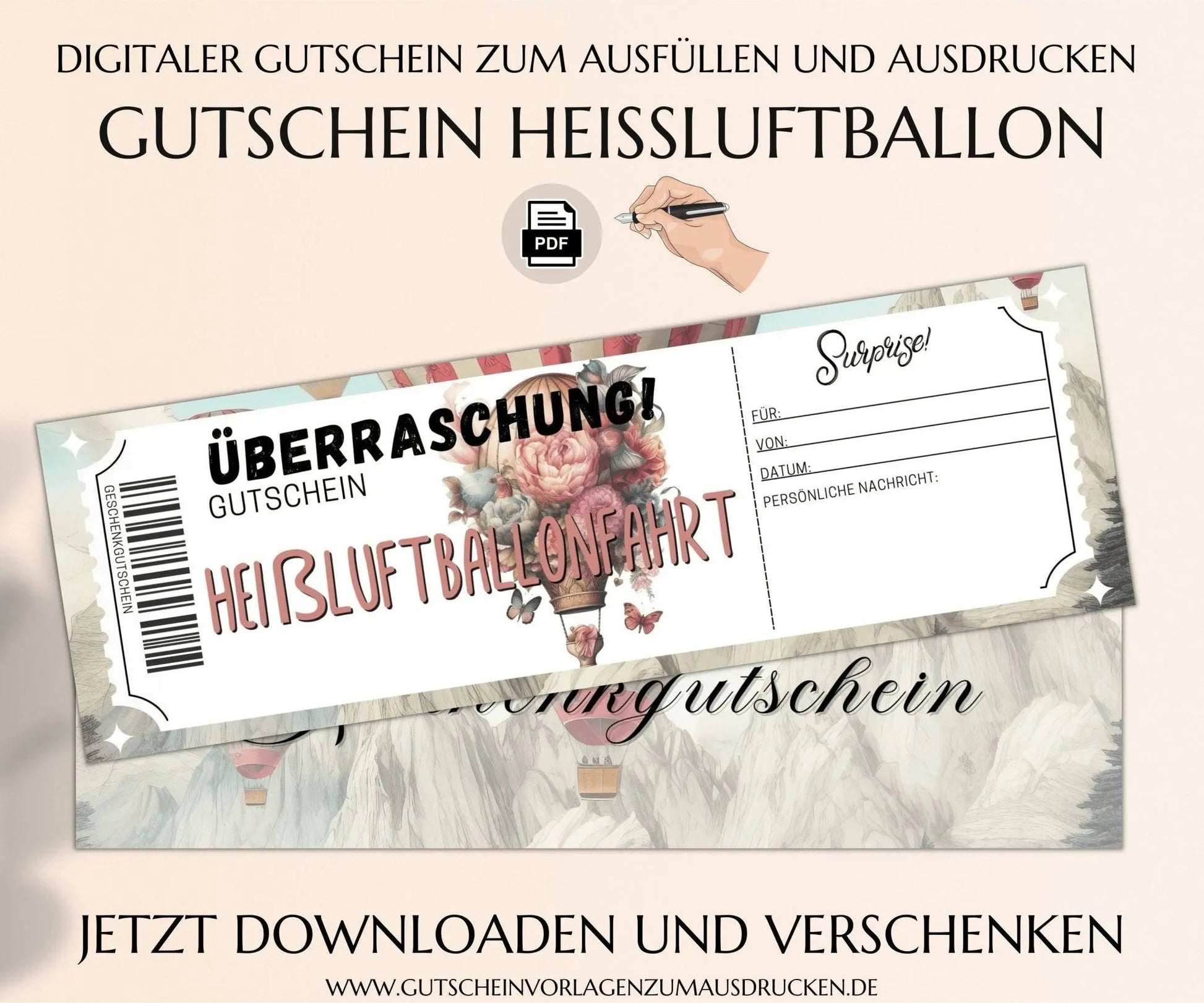 Heißluftballonfahrt Gutschein Vorlage zum Ausdrucken | Heißluftballon Erlebnisgutschein | Ballonfahrt Geschenkgutschein | JSK208 - JSKDesignStudio.de