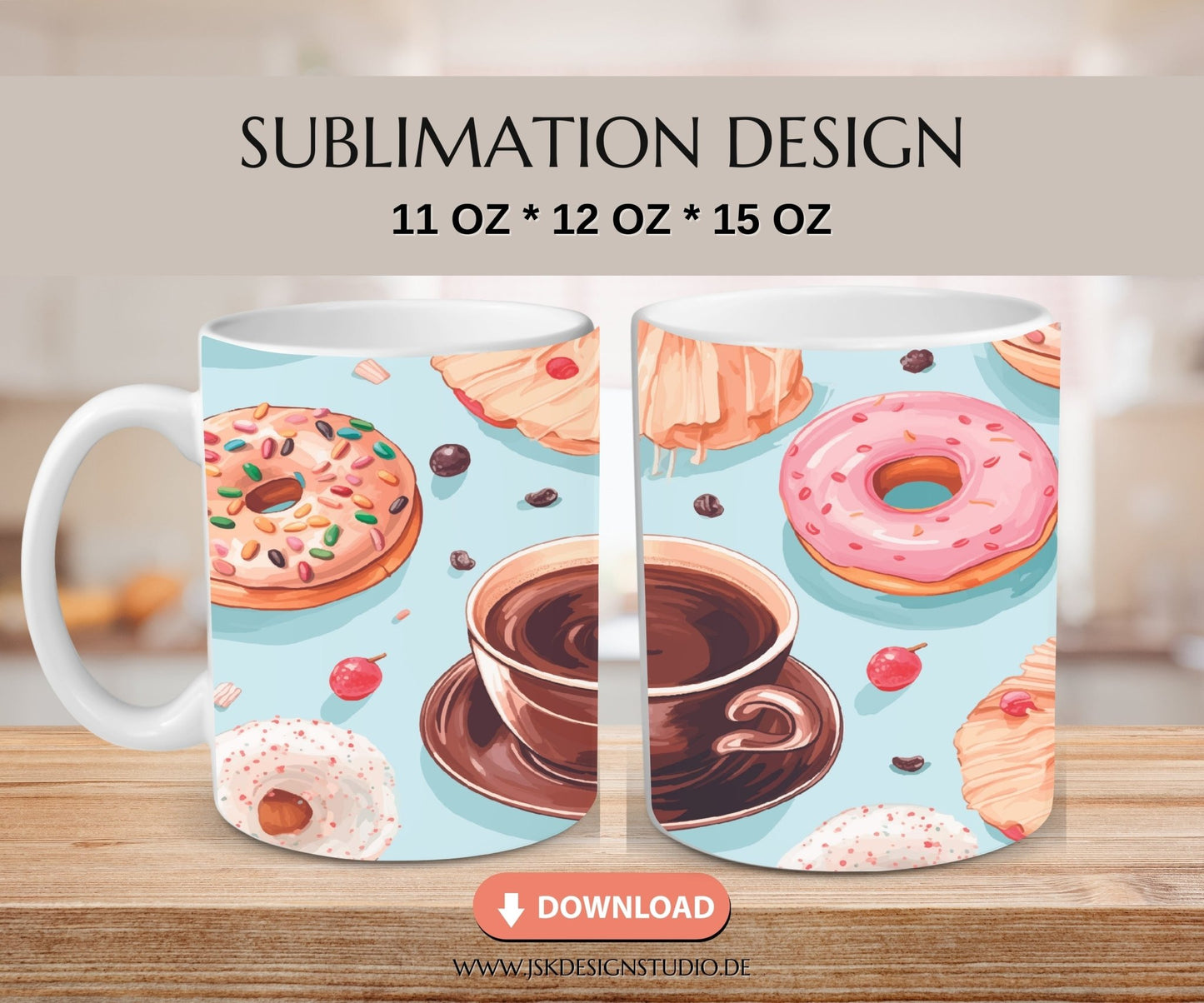 Kaffee mit Donuts - Kaffeetassen Motiv Datei für Sublimation - JSKDesignStudio.de