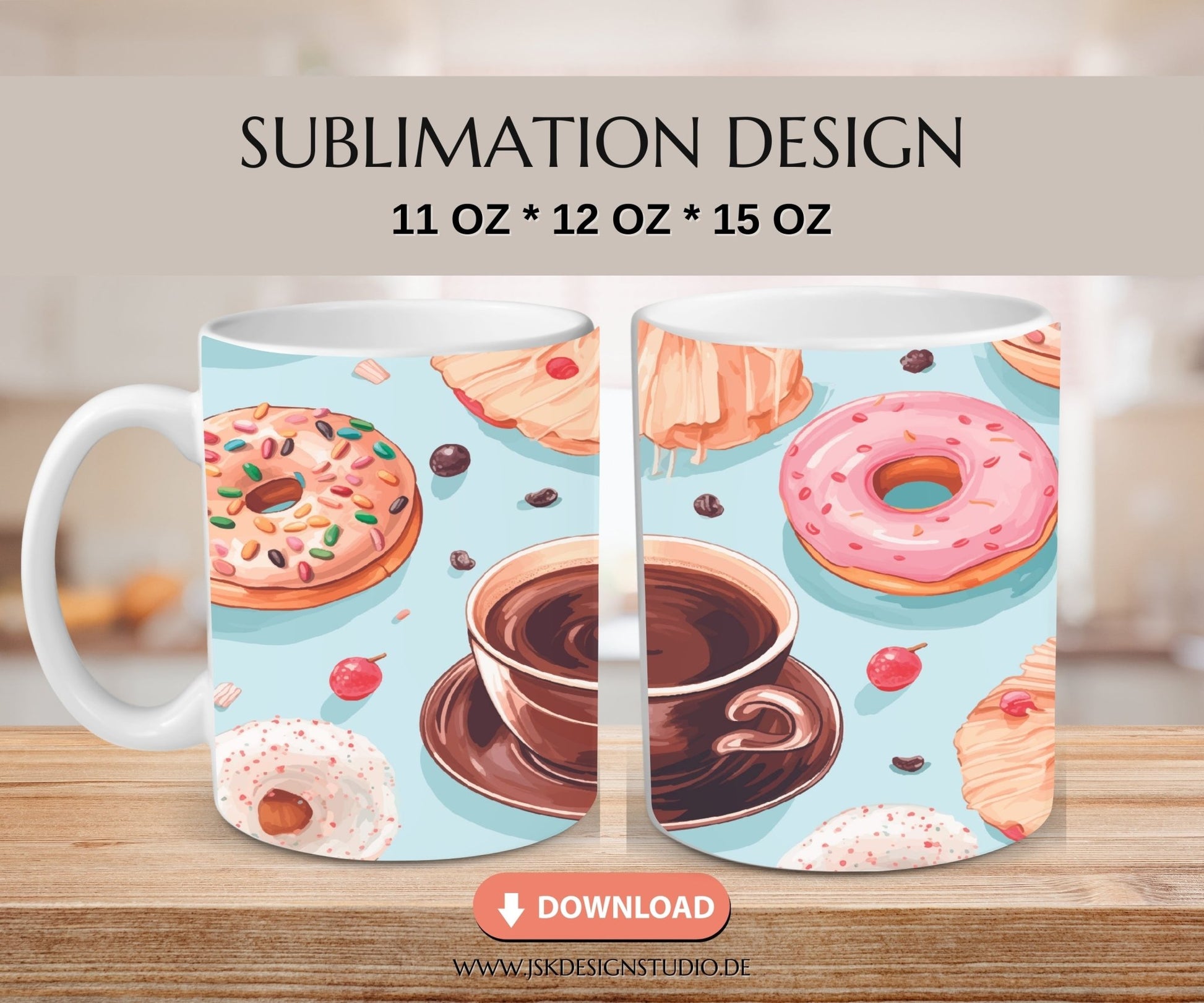 Kaffee mit Donuts - Kaffeetassen Motiv Datei für Sublimation - JSKDesignStudio.de