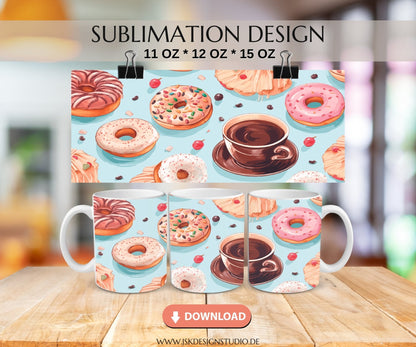 Kaffee mit Donuts - Kaffeetassen Motiv Datei für Sublimation - JSKDesignStudio.de