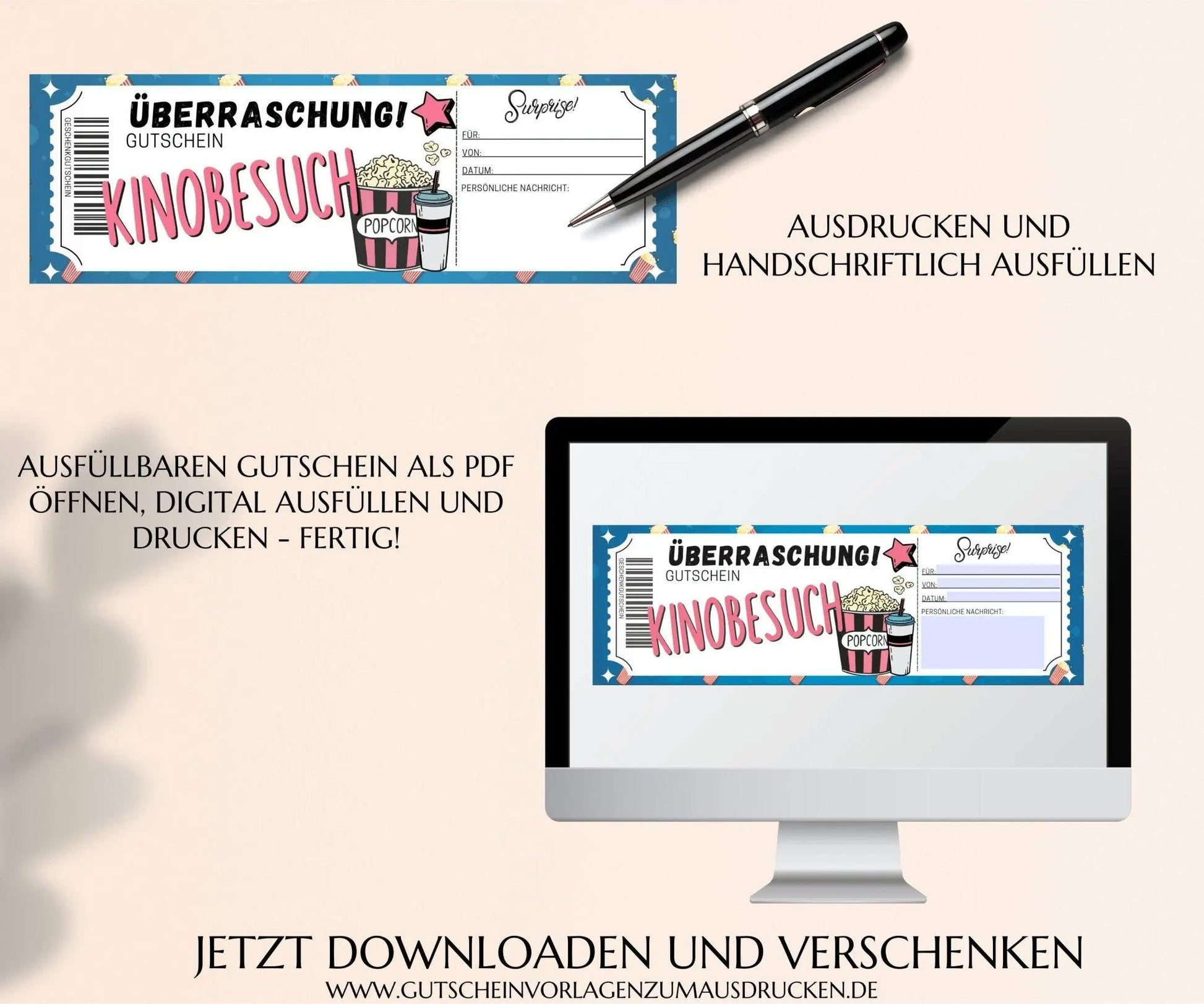Kinogutschein Vorlage zum Ausdrucken | Gutschein pdf | Kino Geschenkgutschein | Kinobesuch | JSK211 - JSKDesignStudio.de