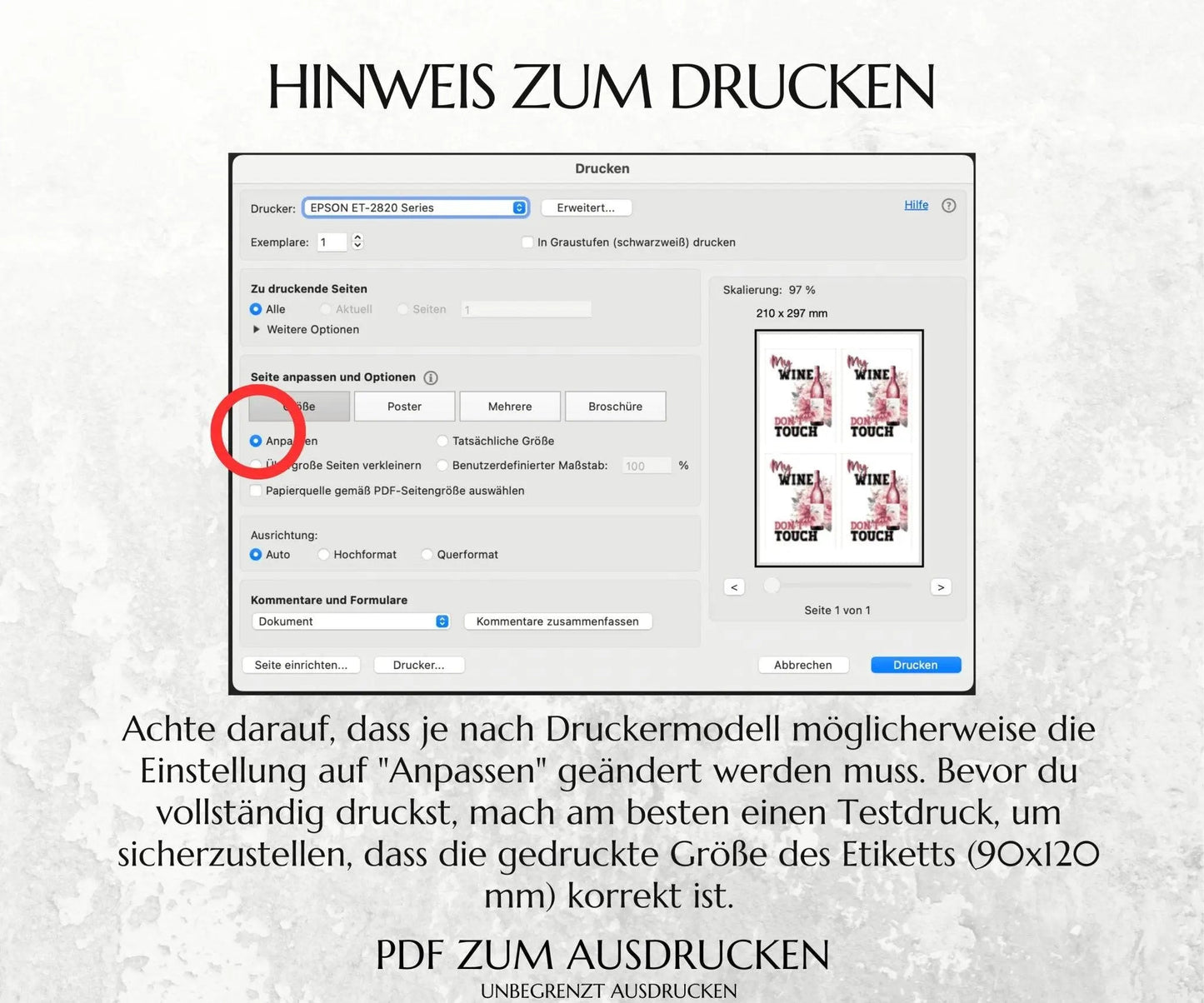 "Mein Wein, nicht anfassen" Weinetikett zum Ausdrucken - JSKDesignStudio.de