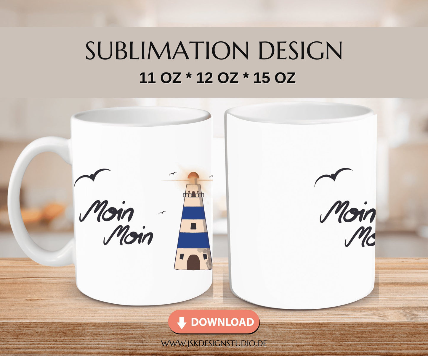 Moin Moin Leuchtturm - Druckvorlage für Tassen Sublimation - JSKDesignStudio.de