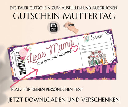 Muttertagsgeschenk Gutschein | Muttertagskarte Vorlage zum Ausdrucken | Mama - Tochter Tag Geschenkidee | JSK087 - JSKDesignStudio.de