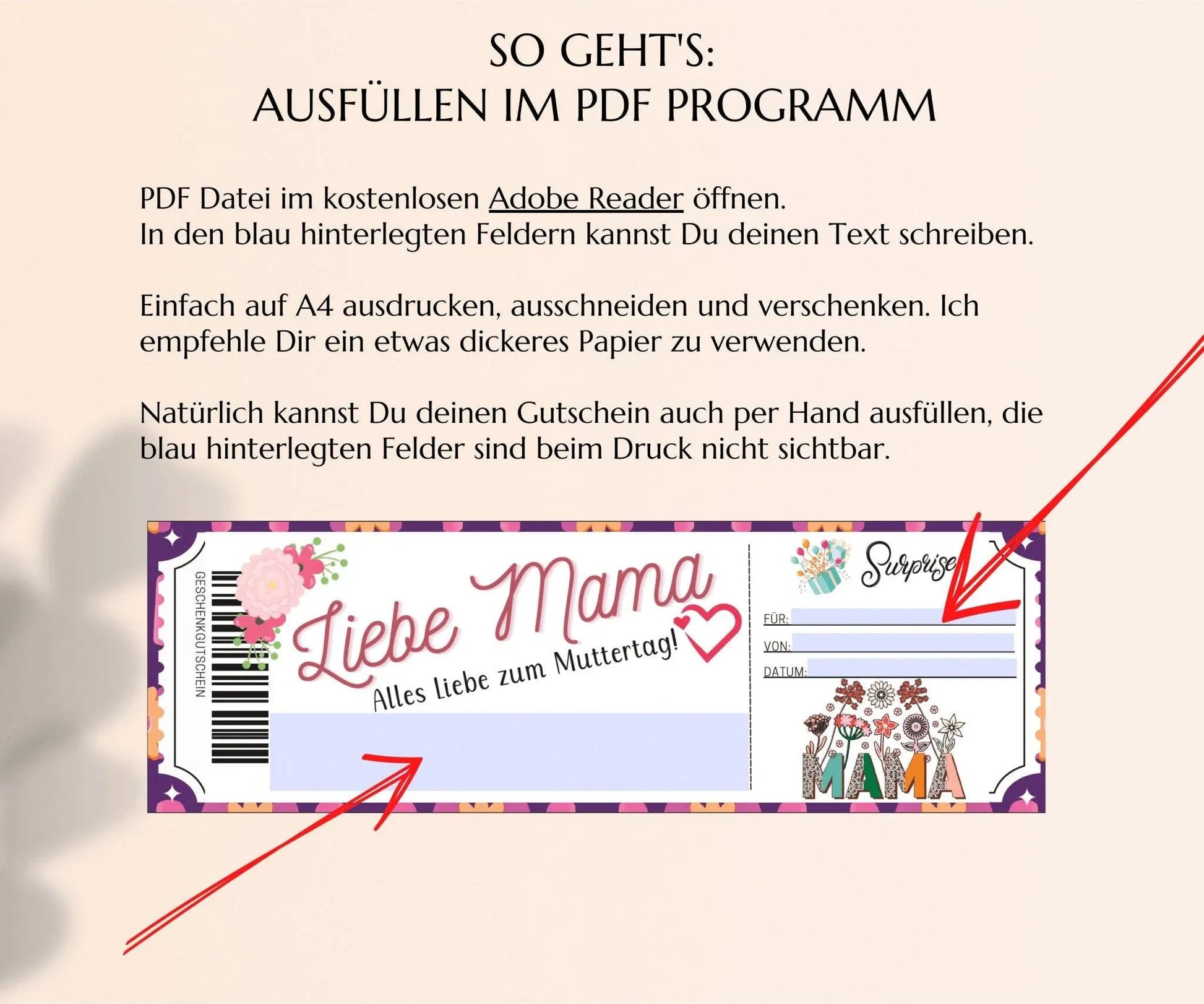 Muttertagsgeschenk Gutschein | Muttertagskarte Vorlage zum Ausdrucken | Mama - Tochter Tag Geschenkidee | JSK087 - JSKDesignStudio.de