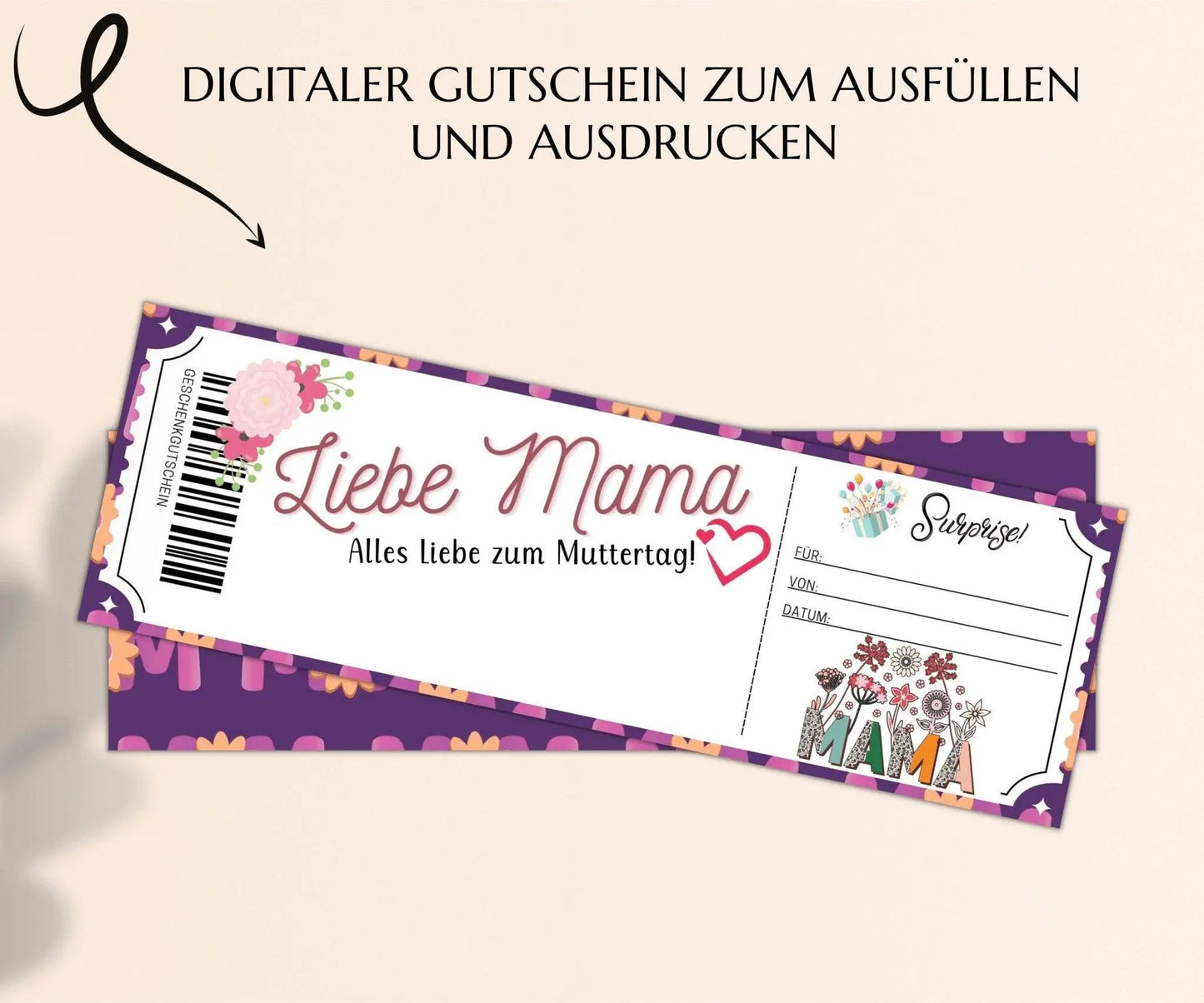 Muttertagsgeschenk Gutschein | Muttertagskarte Vorlage zum Ausdrucken | Mama - Tochter Tag Geschenkidee | JSK087 - JSKDesignStudio.de