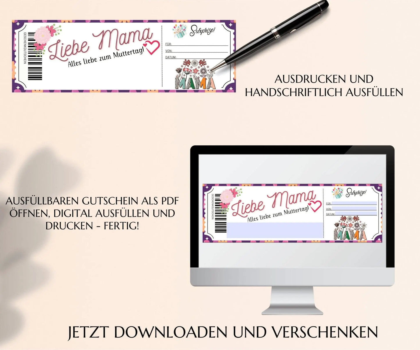 Muttertagsgeschenk Gutschein | Muttertagskarte Vorlage zum Ausdrucken | Mama - Tochter Tag Geschenkidee | JSK087 - JSKDesignStudio.de