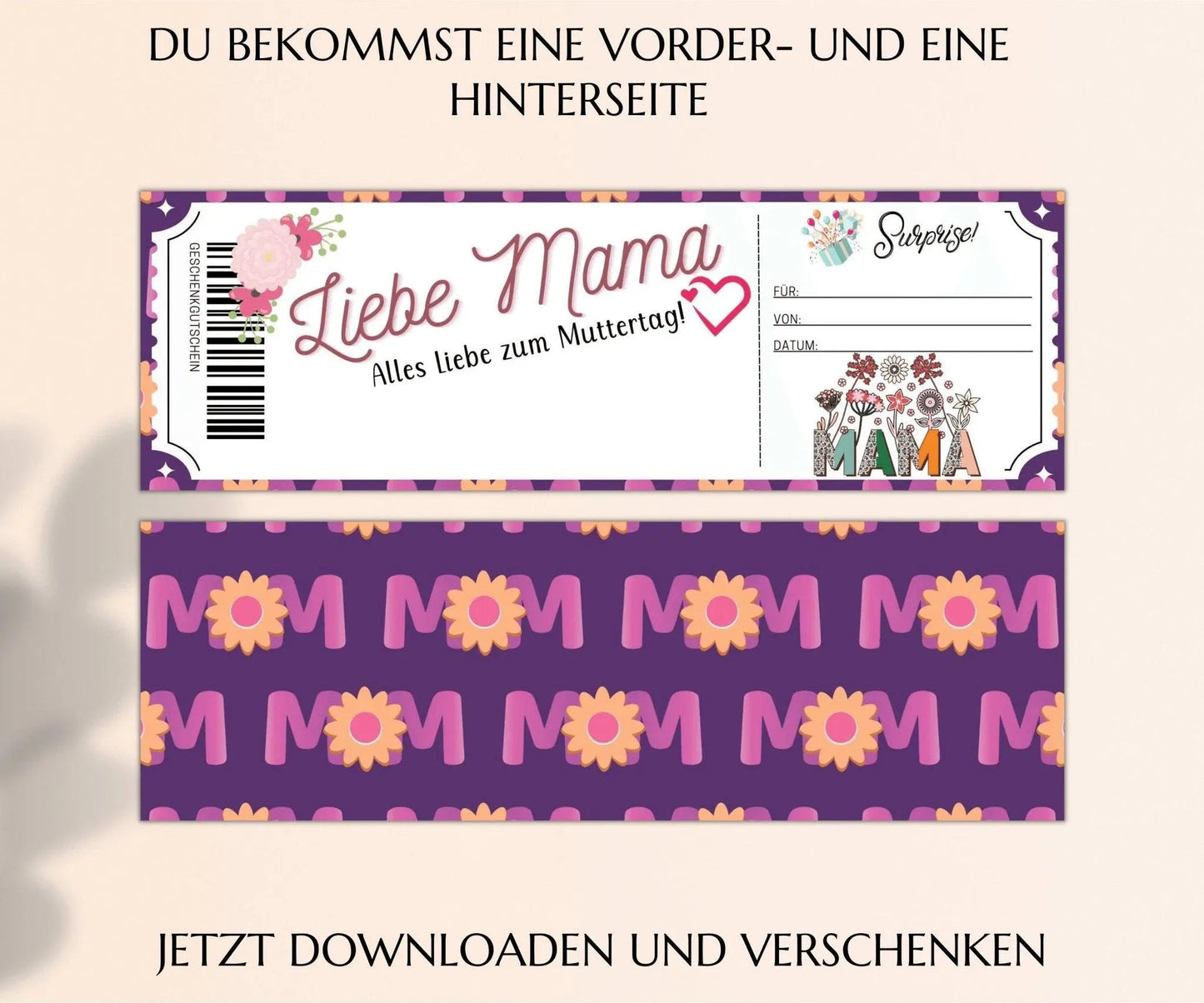 Muttertagsgeschenk Gutschein | Muttertagskarte Vorlage zum Ausdrucken | Mama - Tochter Tag Geschenkidee | JSK087 - JSKDesignStudio.de