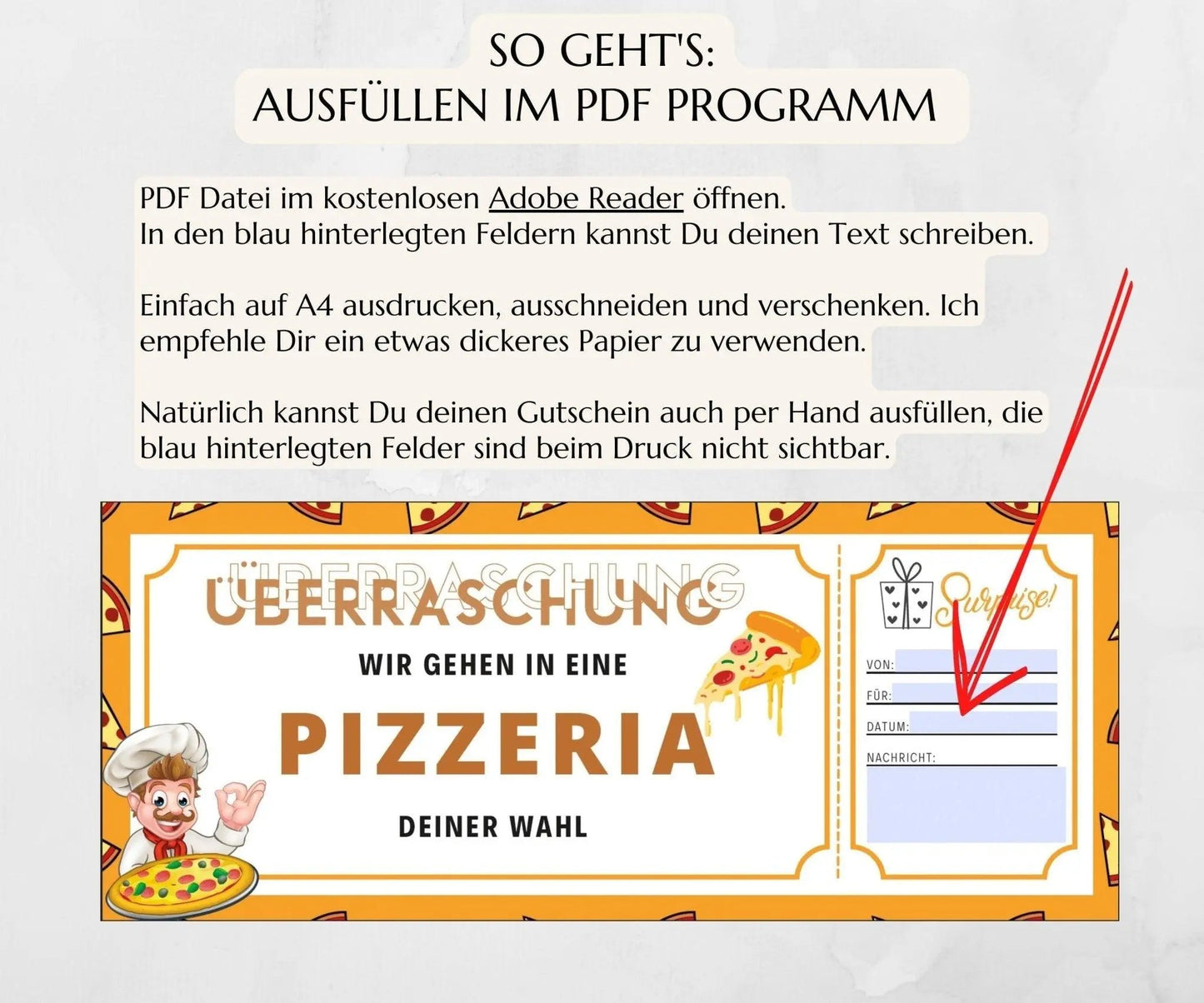 Pizza Geschenkgutschein | Gutschein Vorlage zum Ausdrucken | JSK066 - JSKDesignStudio.de