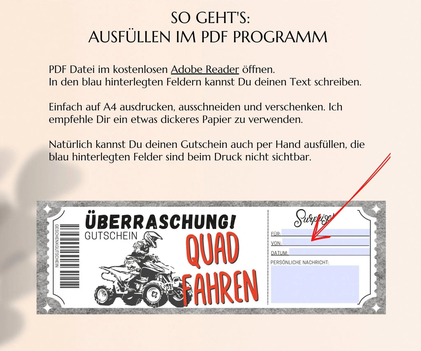 Quad fahren Gutschein Vorlage | Erlebnisgutschein zum Ausdrucken | Geschenkgutschein Ausflug | JSK205 - JSKDesignStudio.de