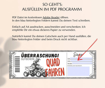 Quad fahren Gutschein Vorlage | Erlebnisgutschein zum Ausdrucken | Geschenkgutschein Ausflug | JSK205 - JSKDesignStudio.de