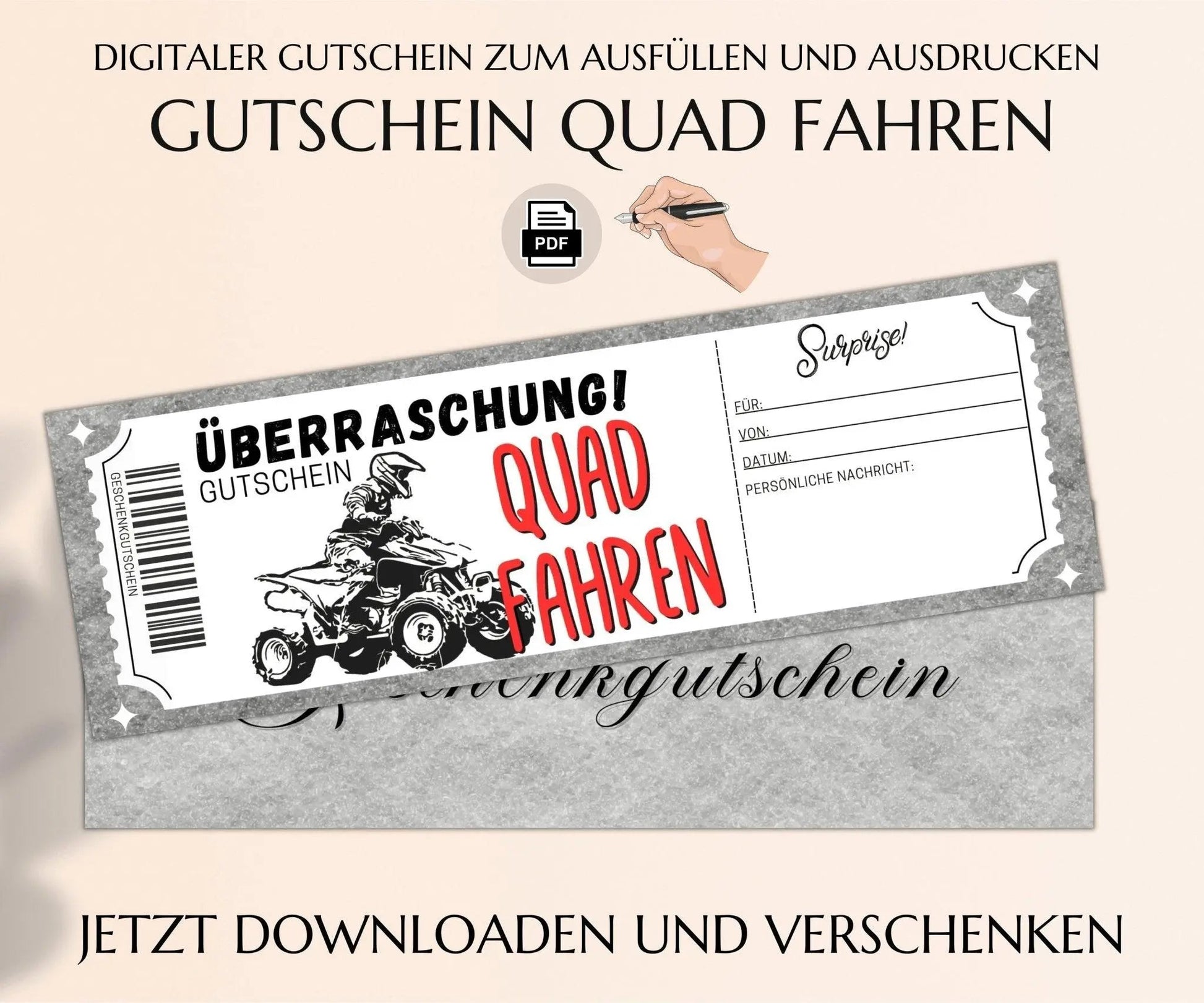 Quad fahren Gutschein Vorlage | Erlebnisgutschein zum Ausdrucken | Geschenkgutschein Ausflug | JSK205 - JSKDesignStudio.de