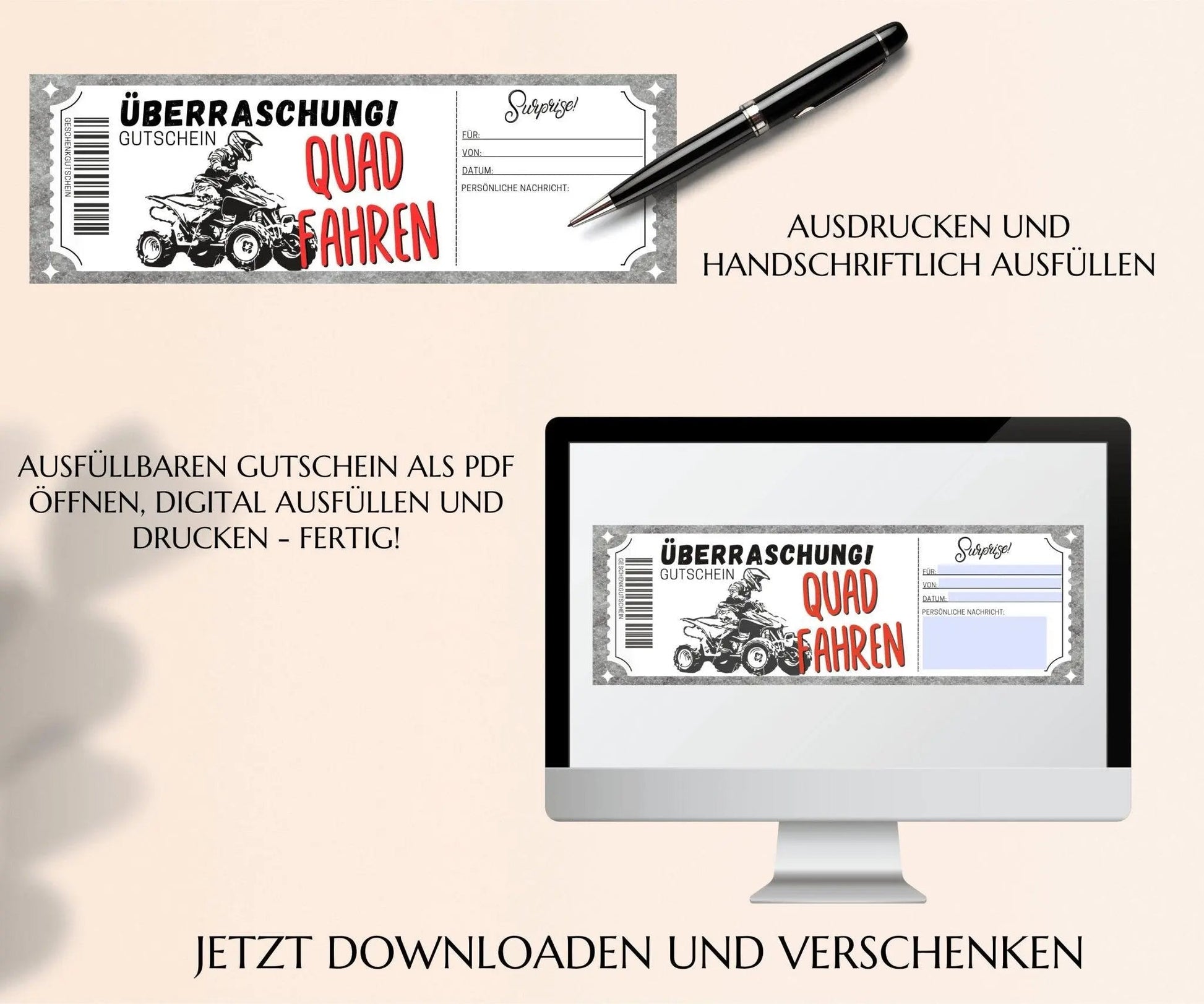 Quad fahren Gutschein Vorlage | Erlebnisgutschein zum Ausdrucken | Geschenkgutschein Ausflug | JSK205 - JSKDesignStudio.de