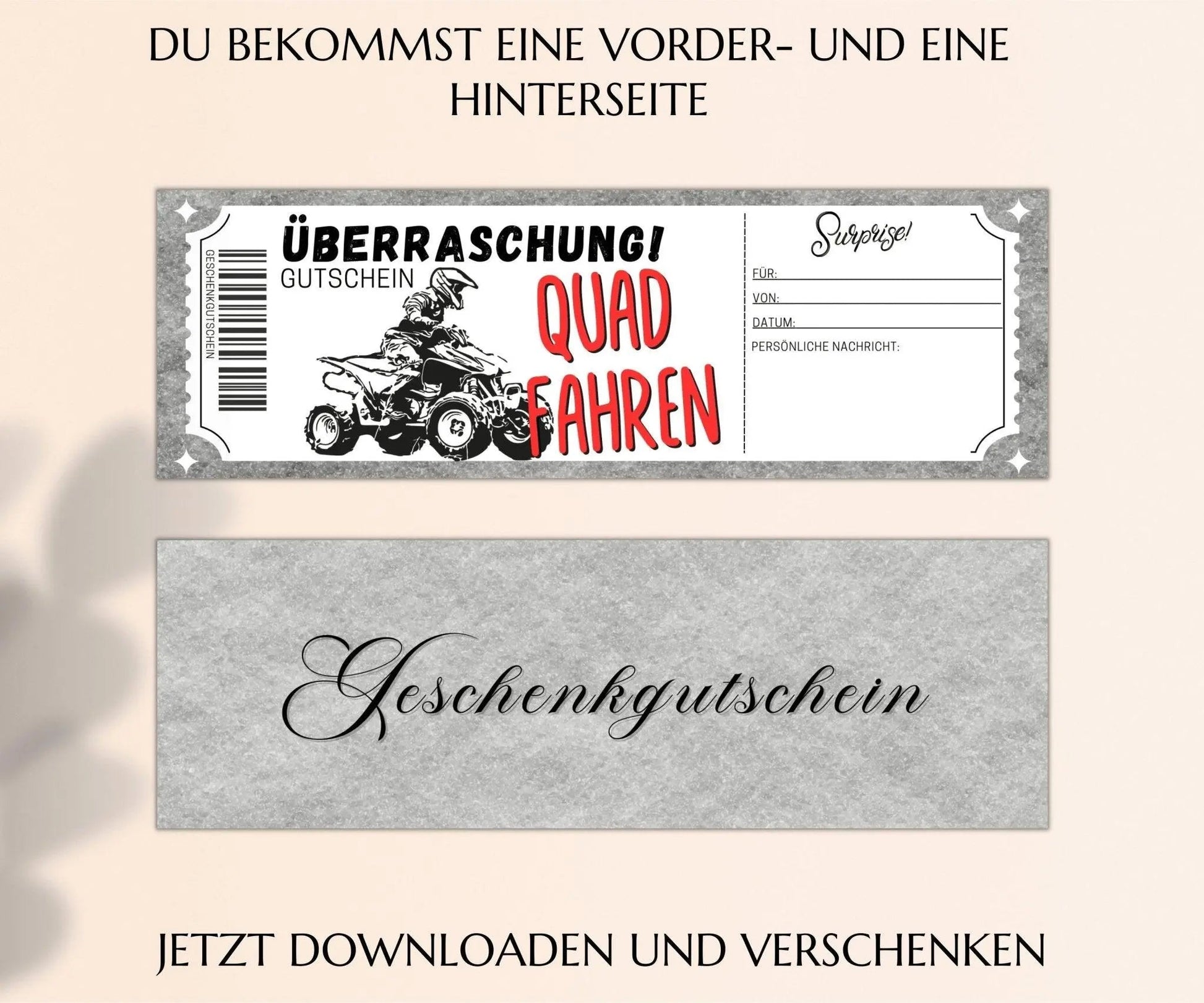 Quad fahren Gutschein Vorlage | Erlebnisgutschein zum Ausdrucken | Geschenkgutschein Ausflug | JSK205 - JSKDesignStudio.de