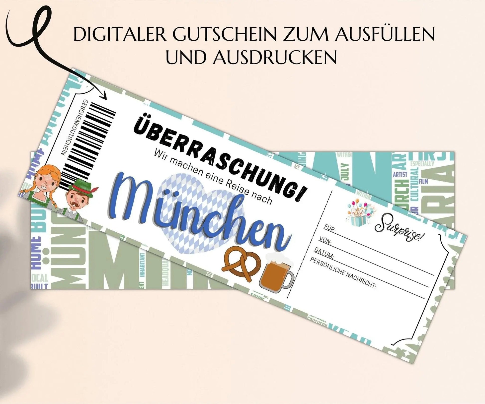 Reise München Geschenkgutschein | Gutschein Vorlage zum Ausdrucken | JSK081 - JSKDesignStudio.de