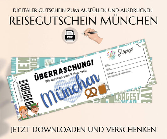 Reise München Geschenkgutschein | Gutschein Vorlage zum Ausdrucken | JSK081 - JSKDesignStudio.de