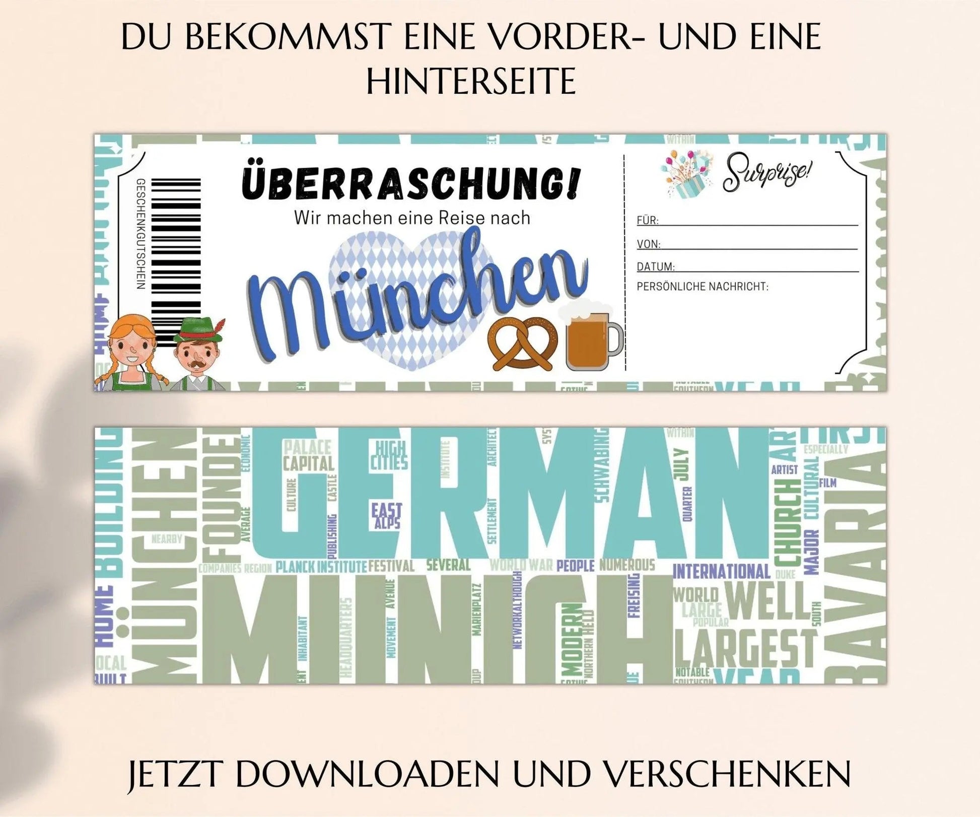 Reise München Geschenkgutschein | Gutschein Vorlage zum Ausdrucken | JSK081 - JSKDesignStudio.de