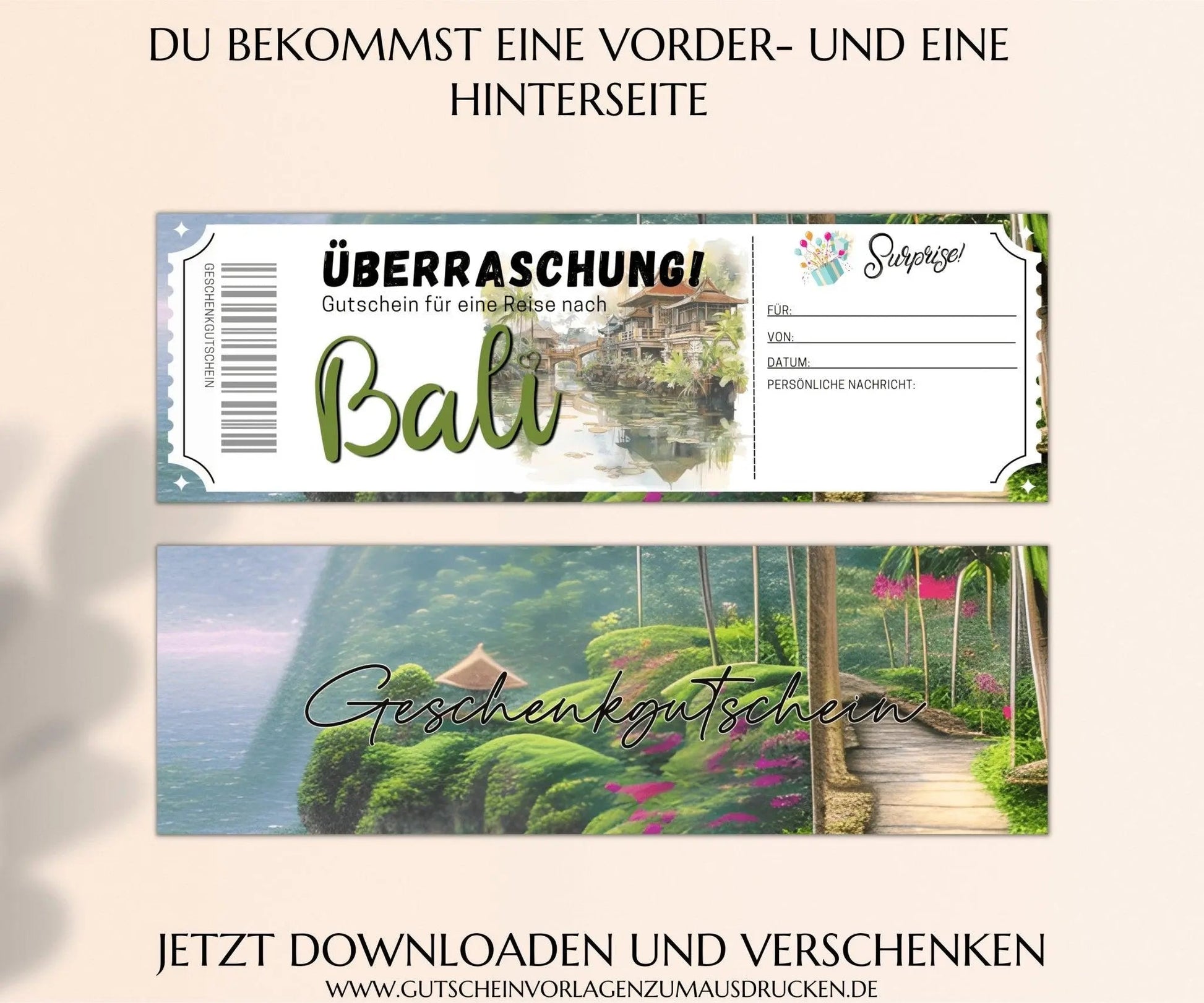 Reisegutschein Bali | Gutscheinvorlage zum Ausdrucken | Gutschein Vorlage Bali Rundreise Urlaub | PDF Download | JSK326 - JSKDesignStudio.de