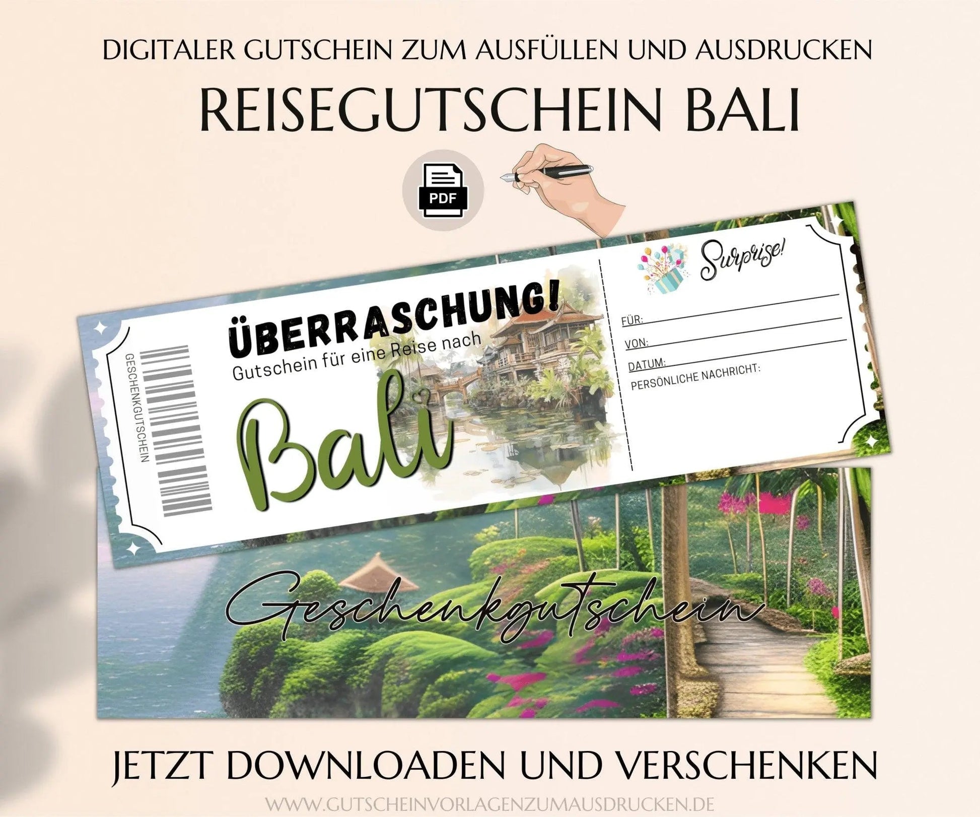 Reisegutschein Bali | Gutscheinvorlage zum Ausdrucken | Gutschein Vorlage Bali Rundreise Urlaub | PDF Download | JSK326 - JSKDesignStudio.de
