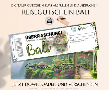 Reisegutschein Bali | Gutscheinvorlage zum Ausdrucken | Gutschein Vorlage Bali Rundreise Urlaub | PDF Download | JSK326 - JSKDesignStudio.de