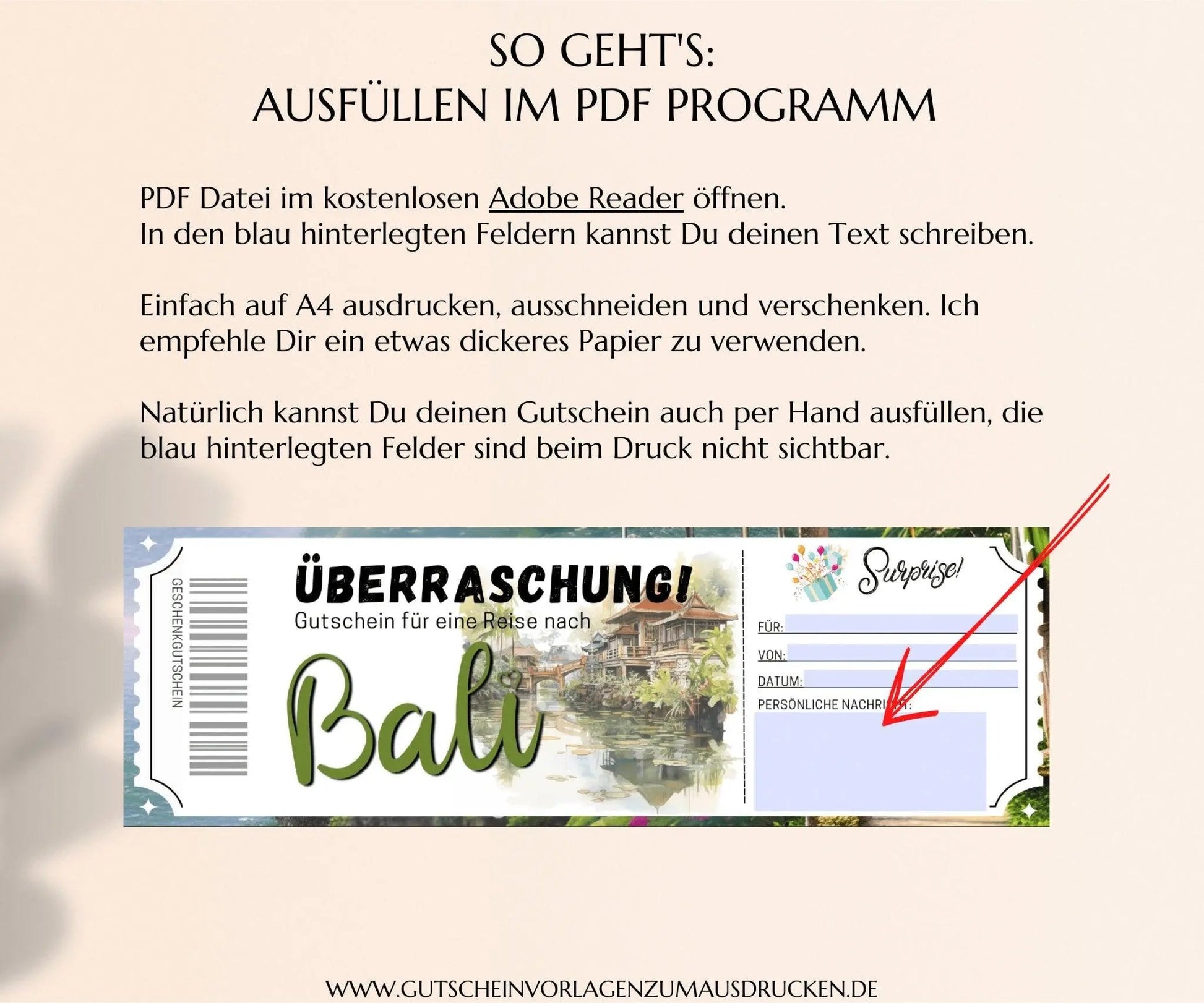 Reisegutschein Bali | Gutscheinvorlage zum Ausdrucken | Gutschein Vorlage Bali Rundreise Urlaub | PDF Download | JSK326 - JSKDesignStudio.de