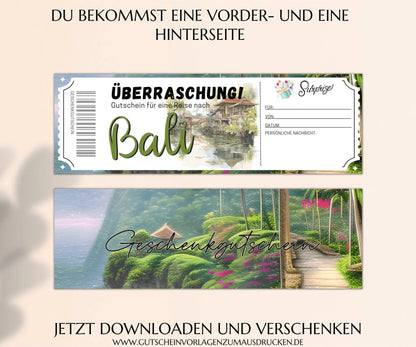 Reisegutschein Bali | Gutscheinvorlage zum Ausdrucken | Gutschein Vorlage Bali Rundreise Urlaub | PDF Download | JSK326 - JSKDesignStudio.de