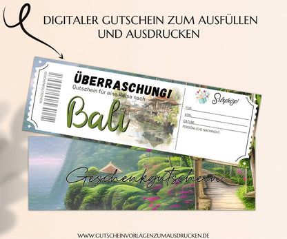Reisegutschein Bali | Gutscheinvorlage zum Ausdrucken | Gutschein Vorlage Bali Rundreise Urlaub | PDF Download | JSK326 - JSKDesignStudio.de