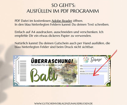 Reisegutschein Bali | Gutscheinvorlage zum Ausdrucken | Gutschein Vorlage Bali Rundreise Urlaub | PDF Download | JSK326 - JSKDesignStudio.de