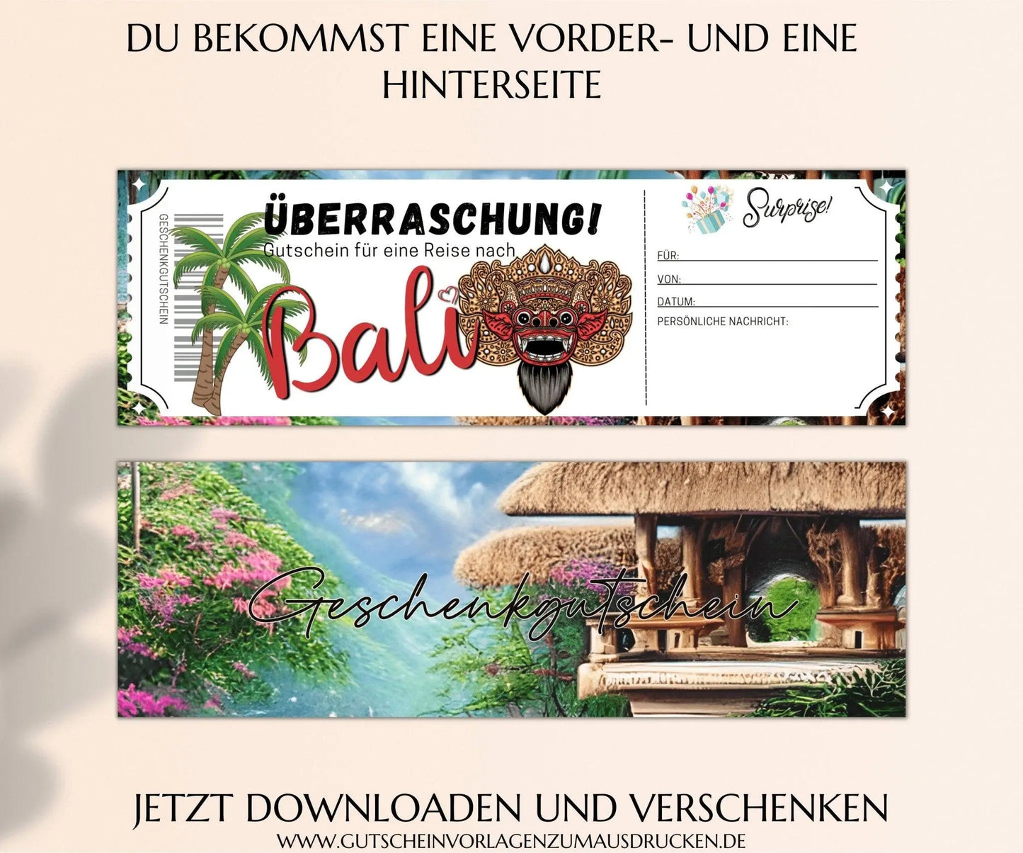Reisegutschein Bali Rundreise | Gutscheinvorlage zum Ausdrucken | Gutschein Vorlage Bali Urlaub | PDF Download | JSK328 - JSKDesignStudio.de