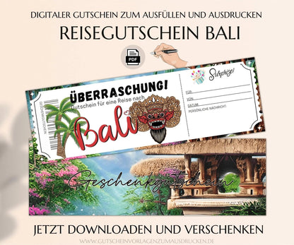 Reisegutschein Bali Rundreise | Gutscheinvorlage zum Ausdrucken | Gutschein Vorlage Bali Urlaub | PDF Download | JSK328 - JSKDesignStudio.de