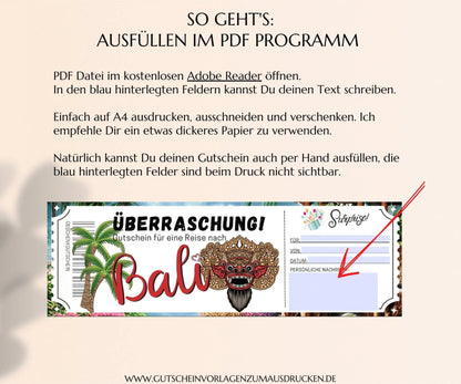 Reisegutschein Bali Rundreise | Gutscheinvorlage zum Ausdrucken | Gutschein Vorlage Bali Urlaub | PDF Download | JSK328 - JSKDesignStudio.de