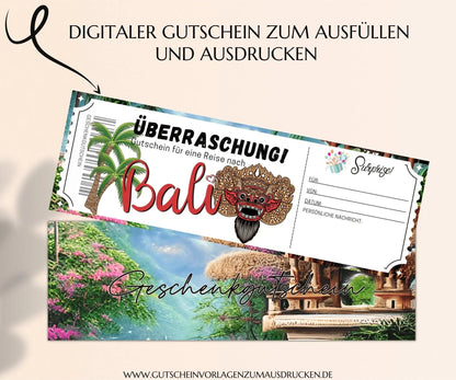 Reisegutschein Bali Rundreise | Gutscheinvorlage zum Ausdrucken | Gutschein Vorlage Bali Urlaub | PDF Download | JSK328 - JSKDesignStudio.de