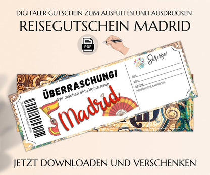 Reisegutschein Madrid - Gutschein Vorlage zum Ausdrucken | JSK080 - JSKDesignStudio.de