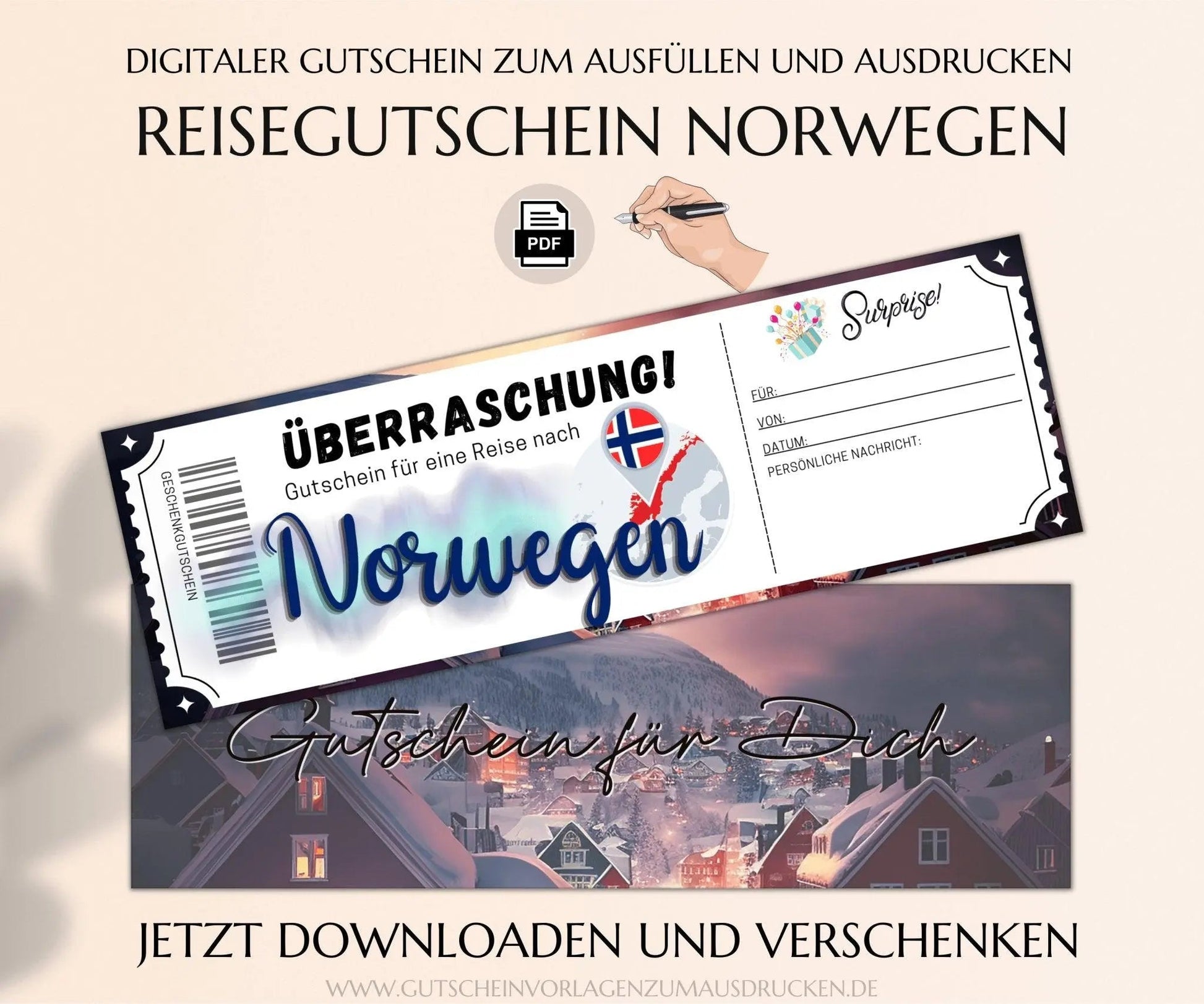 Reisegutschein Norwegen | Gutscheinvorlage zum Ausdrucken | JSK302 - JSKDesignStudio.de