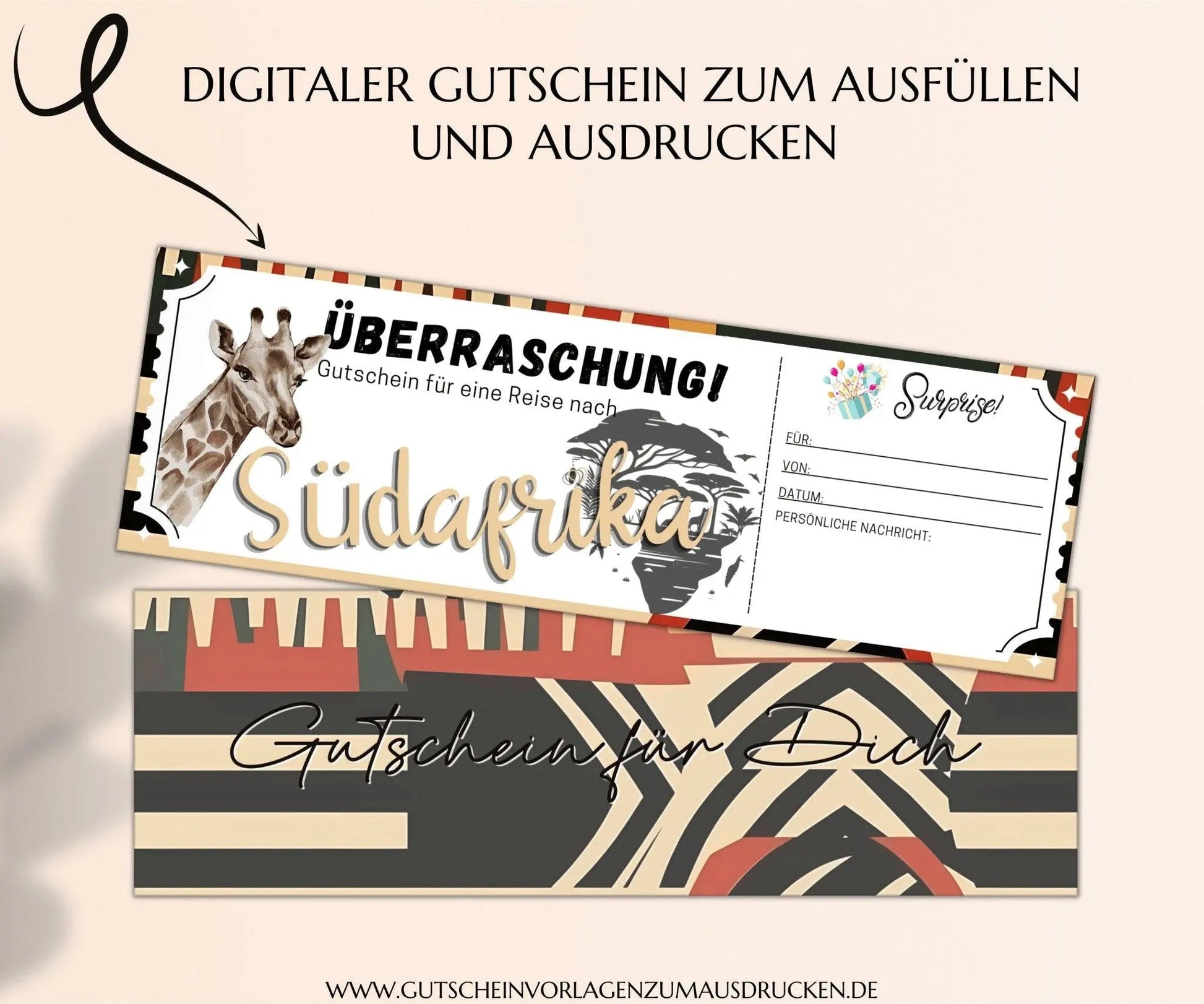 Reisegutschein Südafrika | Gutscheinvorlage zum Ausdrucken | JSK303 - JSKDesignStudio.de