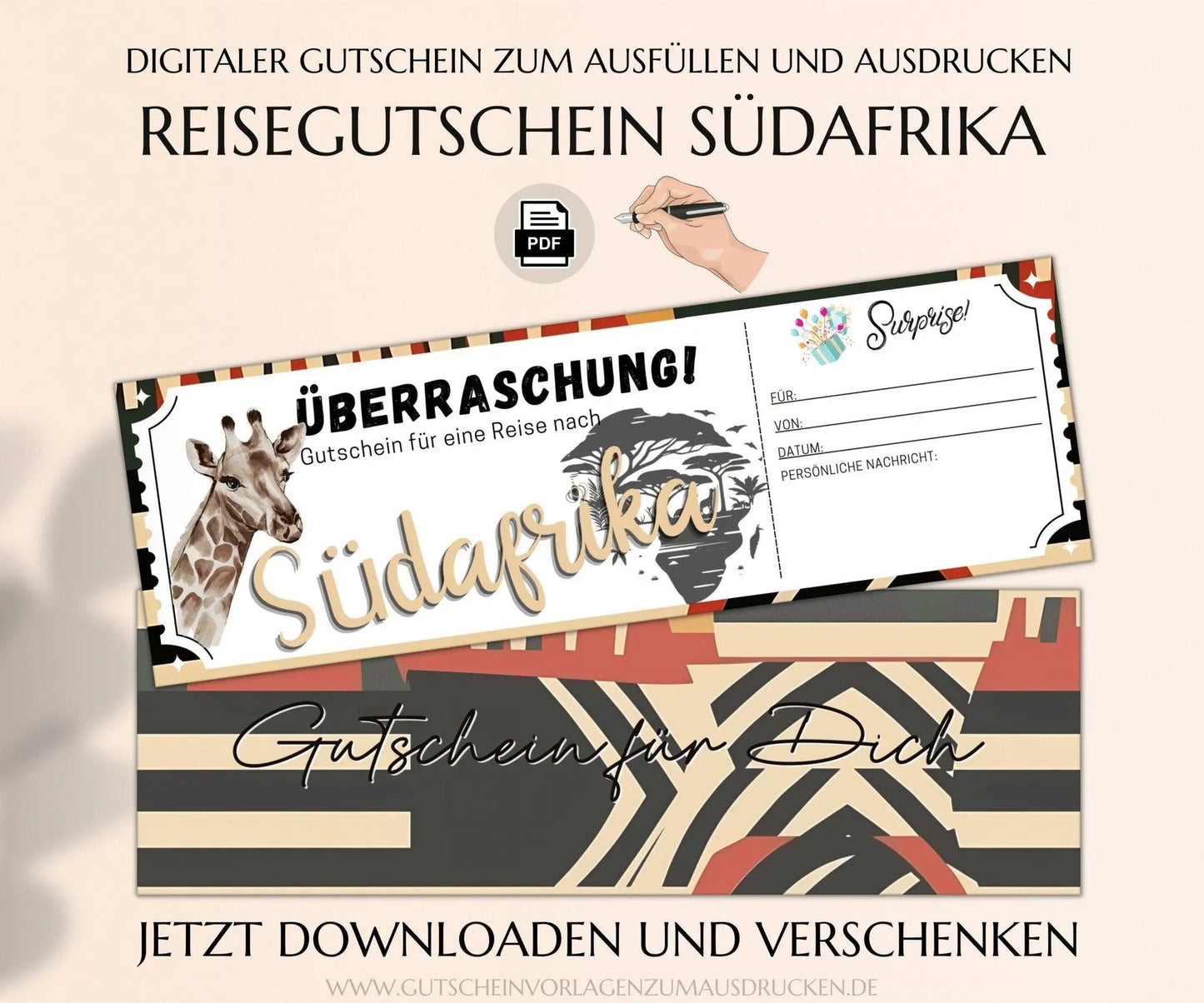 Reisegutschein Südafrika | Gutscheinvorlage zum Ausdrucken | JSK303 - JSKDesignStudio.de