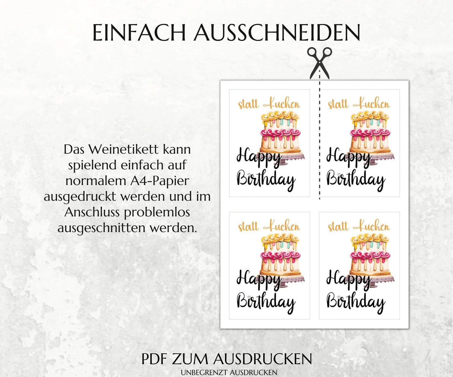 statt Kuchen Happy Birthday - Spruch Weinetikett zum Ausdrucken - JSKDesignStudio.de