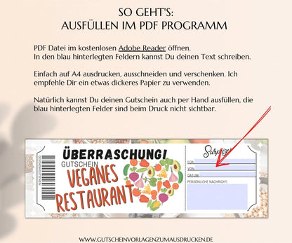 veganes Restaurant Gutschein | Essen gehen Gutscheinkarte | PDF Download | vegane Geschenke Vorlage zum Ausdrucken | JSK228 - JSKDesignStudio.de