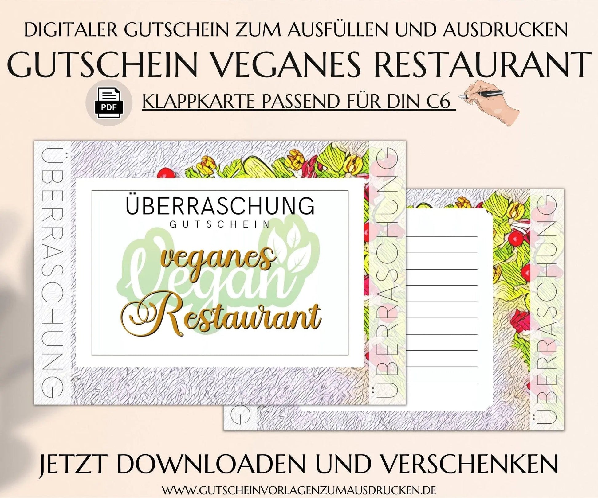 veganes Restaurant Gutschein Vorlage zum Ausdrucken | vegane Küche | Essen gehen Gutscheinkarte | JSK223 - JSKDesignStudio.de
