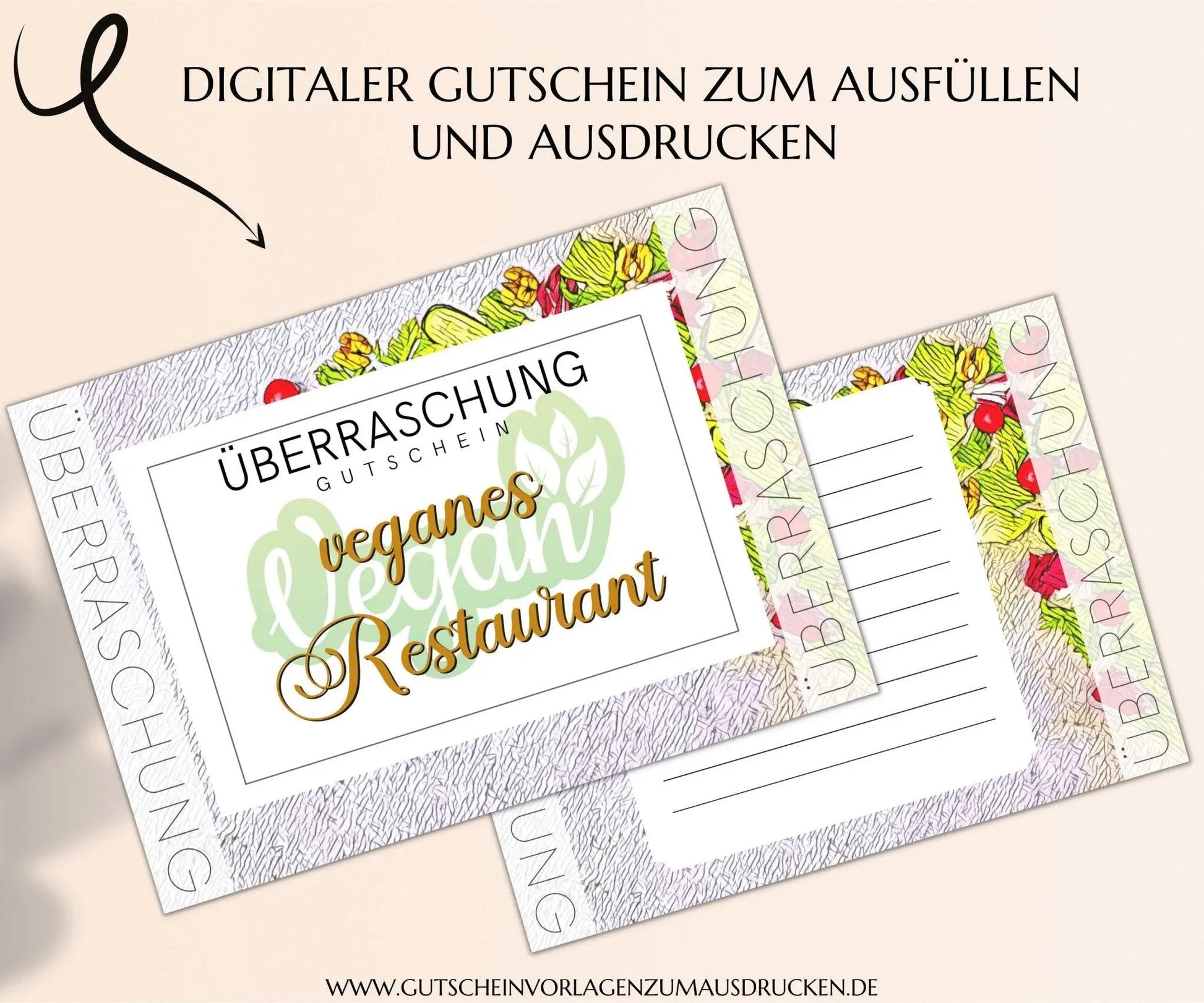 veganes Restaurant Gutschein Vorlage zum Ausdrucken | vegane Küche | Essen gehen Gutscheinkarte | JSK223 - JSKDesignStudio.de