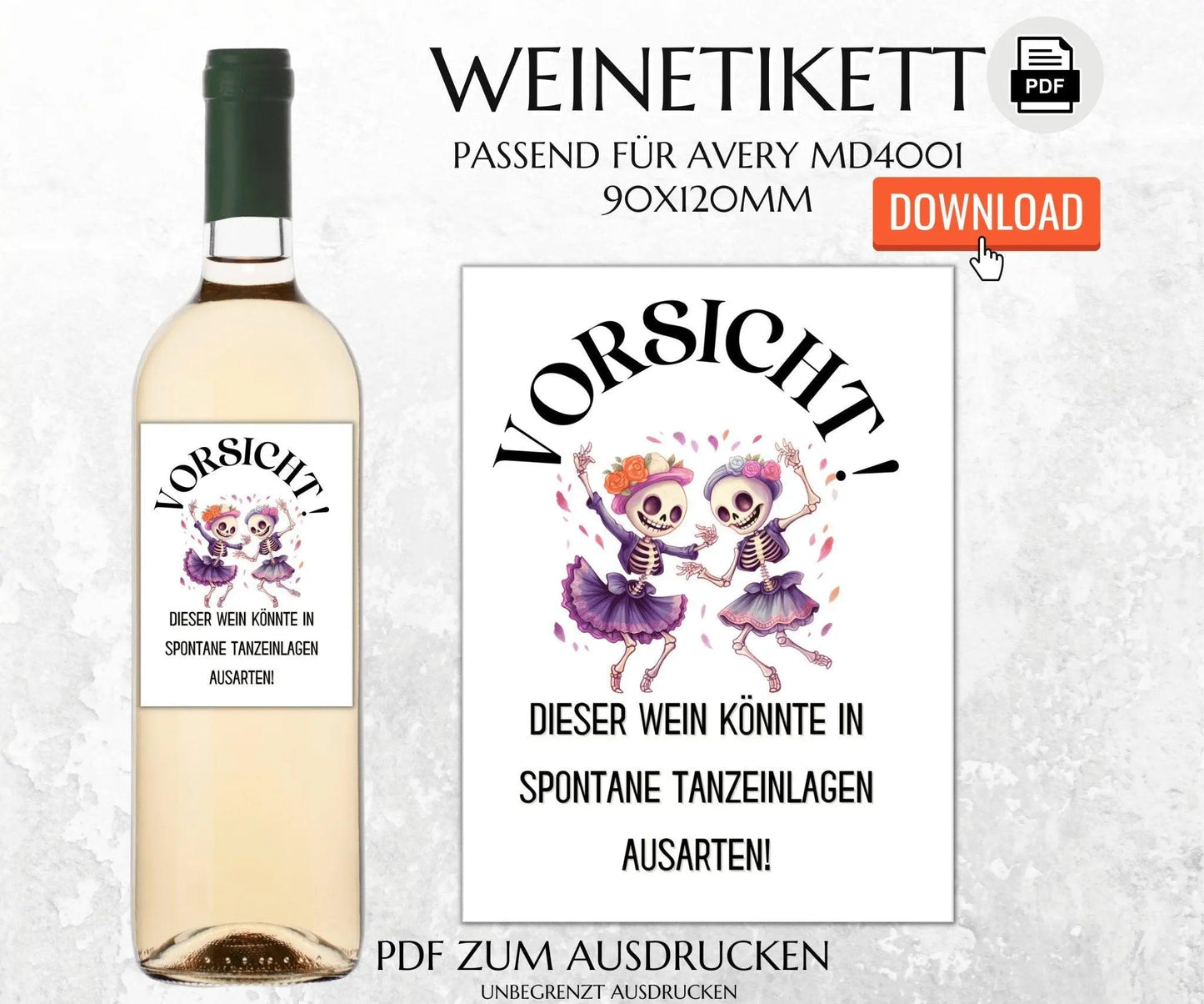 Vorsicht, dieser Wein könnte in spontane Tanzeinlagen ausarten - Spruch Weinetikett zum Ausdrucken - JSKDesignStudio.de