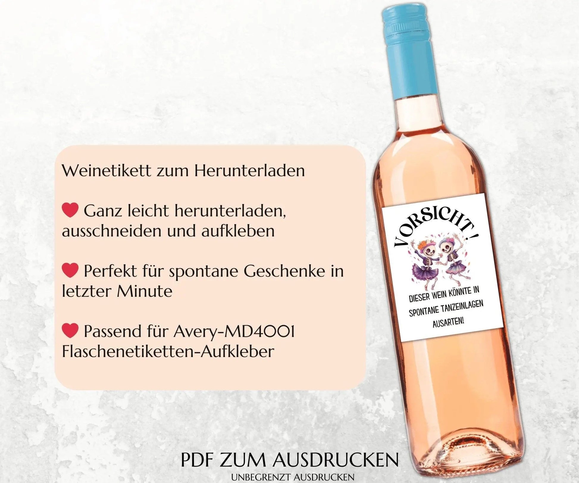Vorsicht, dieser Wein könnte in spontane Tanzeinlagen ausarten - Spruch Weinetikett zum Ausdrucken - JSKDesignStudio.de