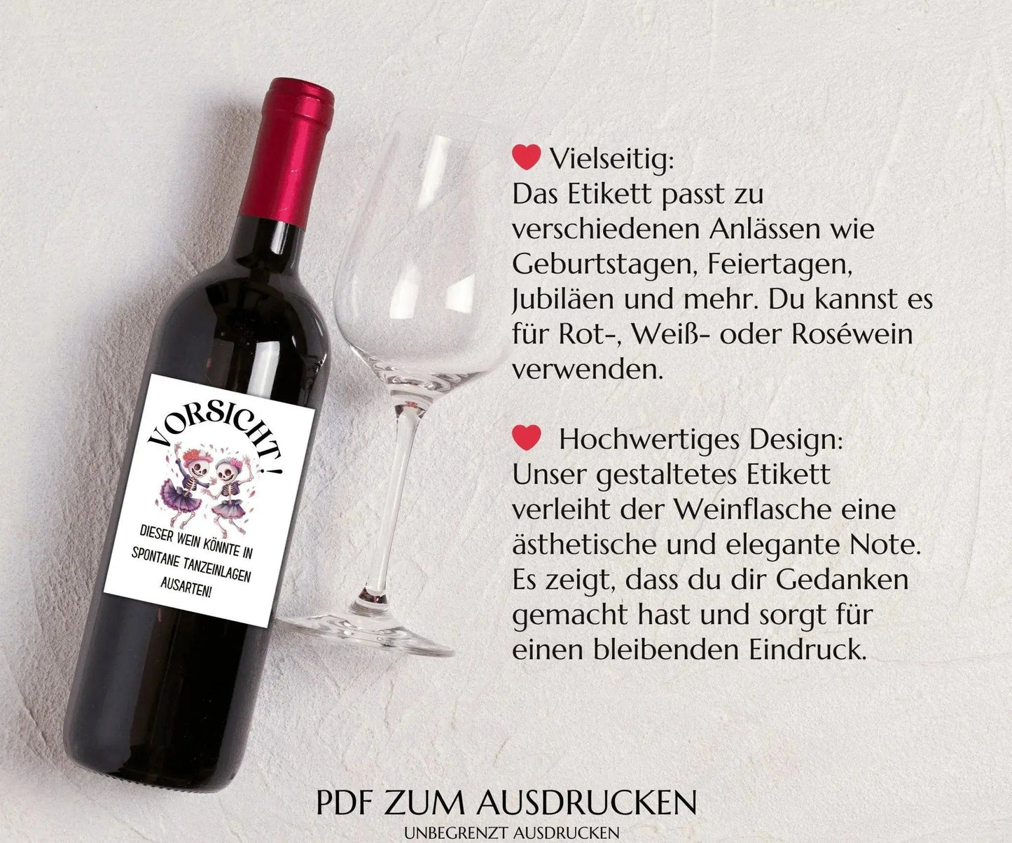 Vorsicht, dieser Wein könnte in spontane Tanzeinlagen ausarten - Spruch Weinetikett zum Ausdrucken - JSKDesignStudio.de