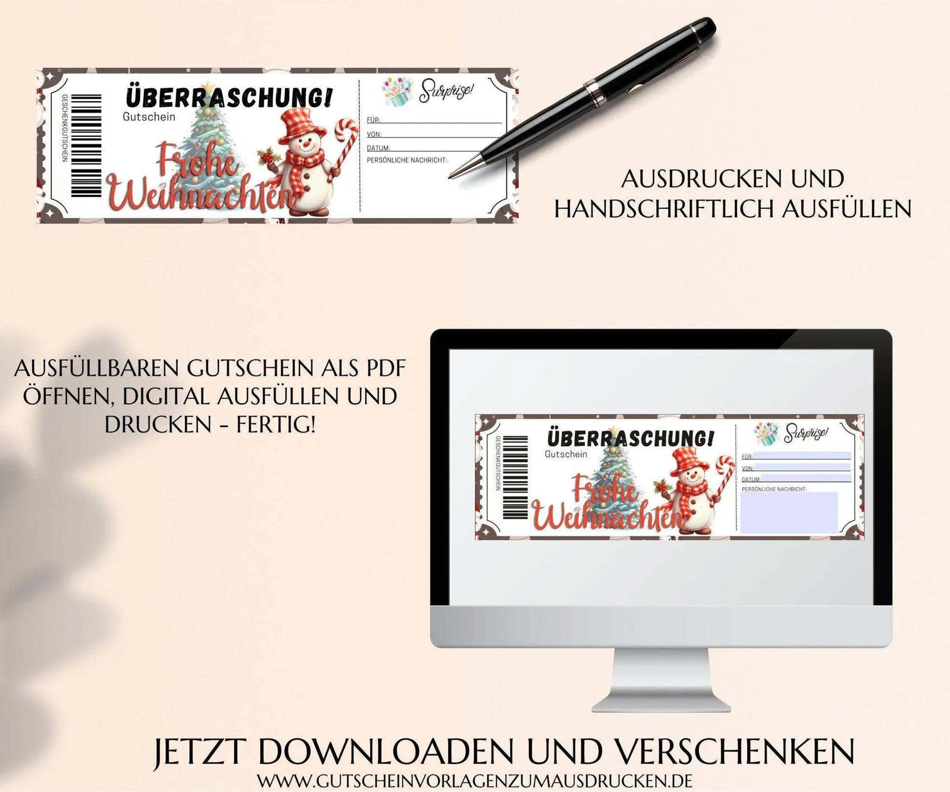 Weihnachten Gutscheinvorlage zum Ausdrucken | Gutschein Vorlage PDF | Gutschein kreativ verpacken | JSK295 - JSKDesignStudio.de