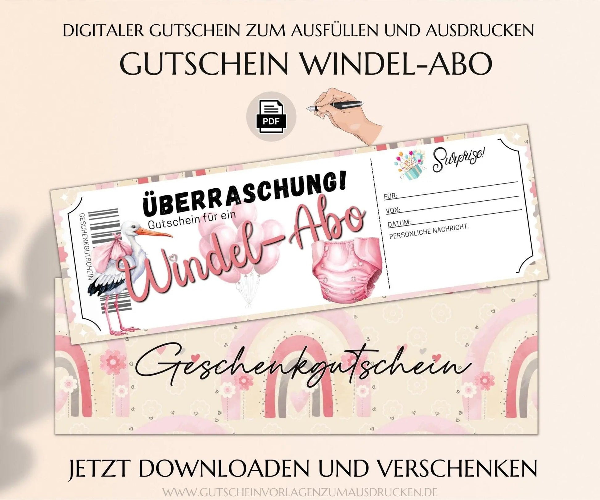 Windel Abo Gutschein Vorlage zum Ausdrucken | Gutscheinvorlage Baby Mädchen Geschenk | Gutscheine für frisch gebackene Eltern | JSK323 - JSKDesignStudio.de