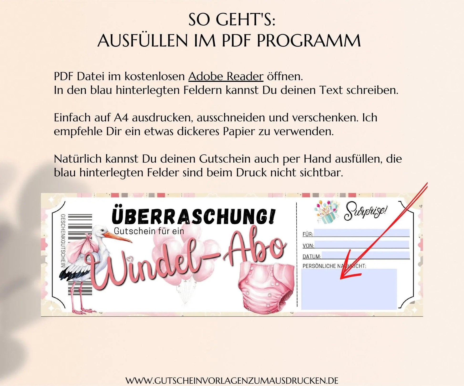 Windel Abo Gutschein Vorlage zum Ausdrucken | Gutscheinvorlage Baby Mädchen Geschenk | Gutscheine für frisch gebackene Eltern | JSK323 - JSKDesignStudio.de