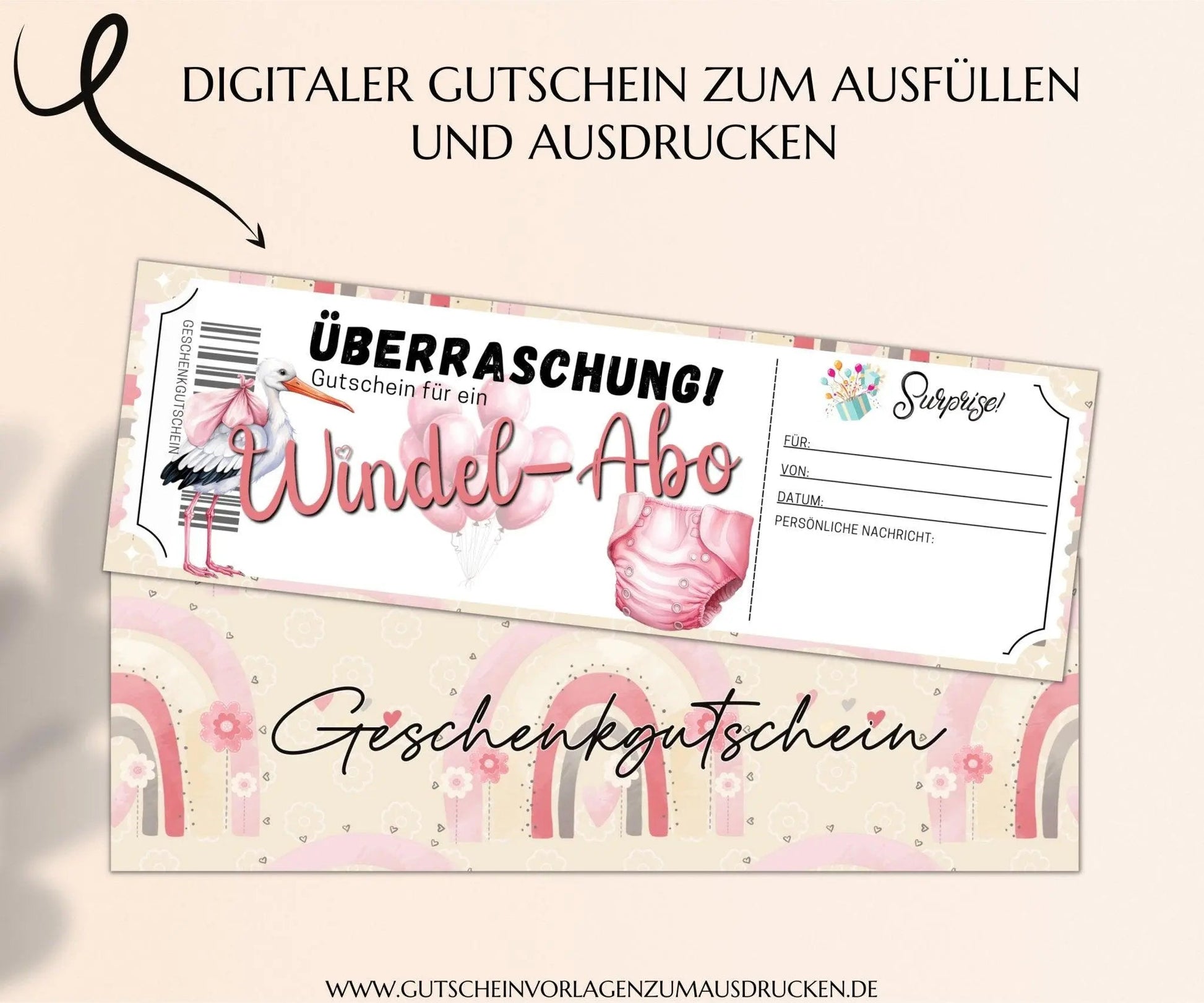 Windel Abo Gutschein Vorlage zum Ausdrucken | Gutscheinvorlage Baby Mädchen Geschenk | Gutscheine für frisch gebackene Eltern | JSK323 - JSKDesignStudio.de