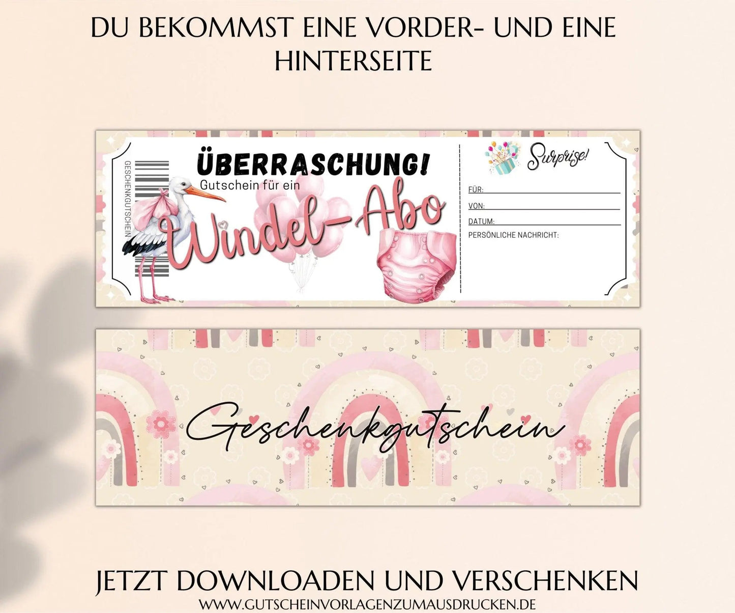 Windel Abo Gutschein Vorlage zum Ausdrucken | Gutscheinvorlage Baby Mädchen Geschenk | Gutscheine für frisch gebackene Eltern | JSK323 - JSKDesignStudio.de